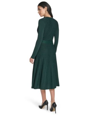 Petite Long Sleeve Wrap Bodice Fit and Flare Midi Dress