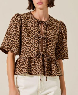 Women's Leopard-Print Front-Tie Puff-Sleeve Peplum Top