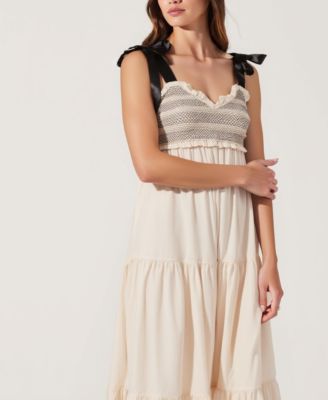 Women's Smocked Lace-Trim Maxi Dress with Satin Bow-Tie Straps