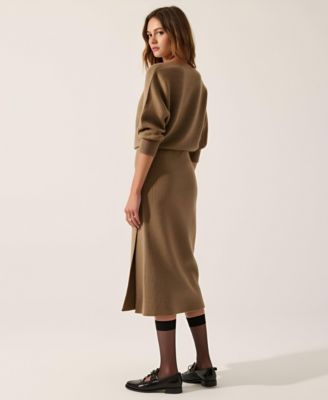 Women's Rib Knit One Shoulder Dolman Midi Sweater Dress