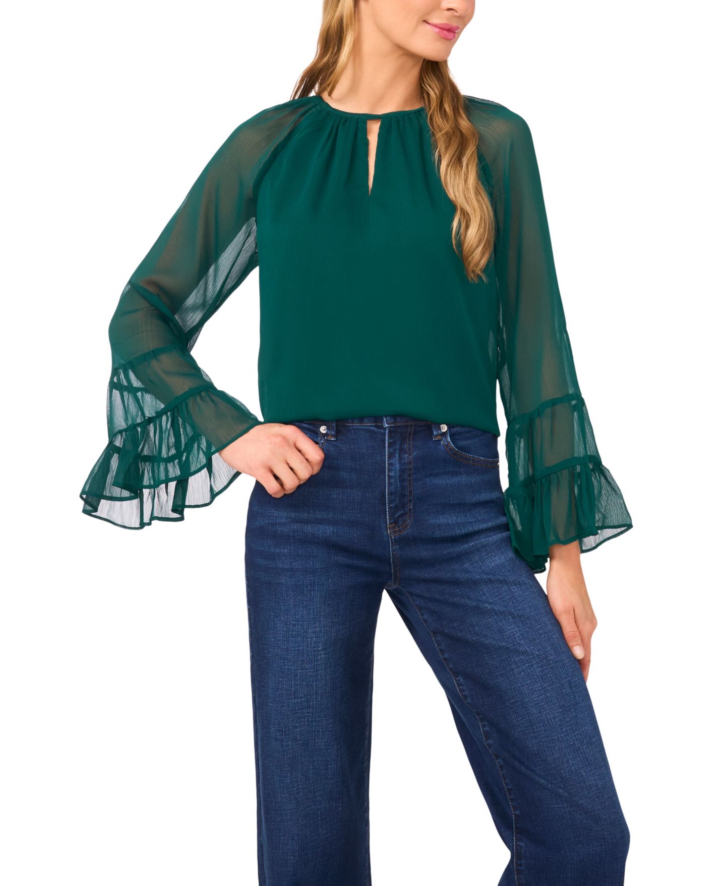 Женский топ CeCe Tiered Flowy Long Sleeve, цвет: Тёмный тёмно-зелёный — фото 1