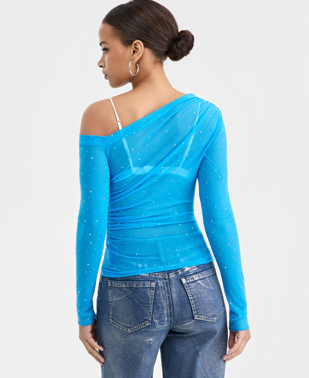 Bar Iii Women's Asymmetric Embellished Mesh Top, Macy's Exclusive In Blue