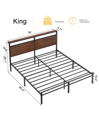 Industrial King Size Bed Frame with Storage LED Headboard, Charging Station, No Box Spring Needed