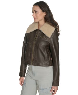 Women's Regular Faux Leather Aviator Jacket