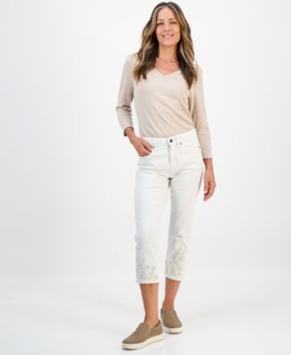 Style & Co - Petite Embroidered Cuff High Rise Capri Jeans