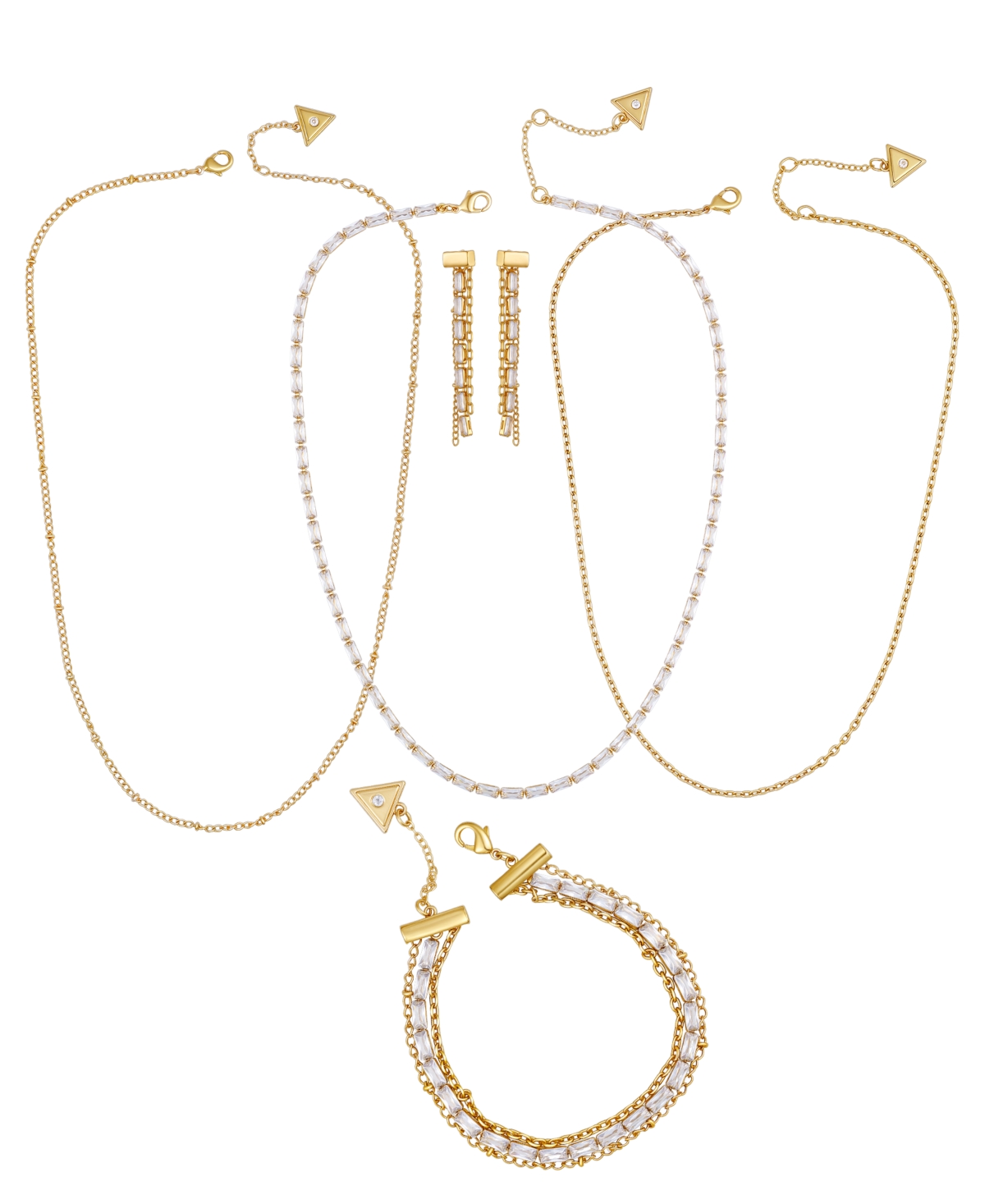 Guess 3-pc. Cubic Zirconia Gold-tone Multi-chain Necklace, Drop Earrings, And Bracelet Set In Gold