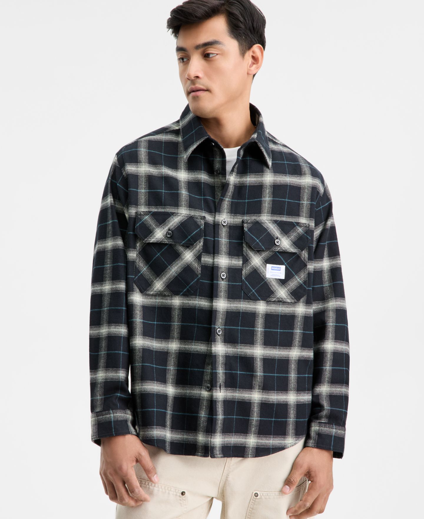 Мужская рубашка Hugo Boss Oversized-Fit Ebolt Plaid Long-Sleeve, цвет: Чёрный клетчатый — фото 1
