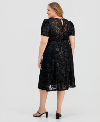 Plus Size Puff-Sleeve Burnout Midi Dress