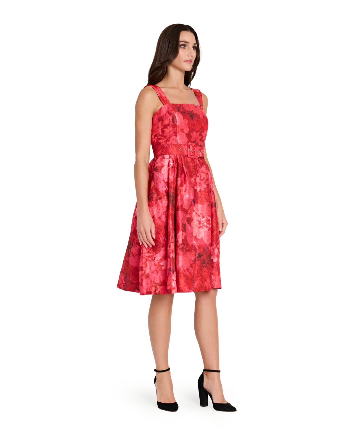 Tahari Asl Women's Square Neck Printed Jacquard Fit And Flare Dress In Red