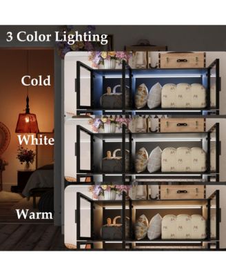 6-Glass Doors Armoire，Metal Frame Wardwore with LED Lights, Hanging Rod,Bedroom Closet