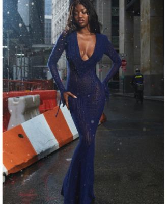 Women's Ilyse Navy V-Neck Plunge Animal Print Mermaid Hem Maxi Dress