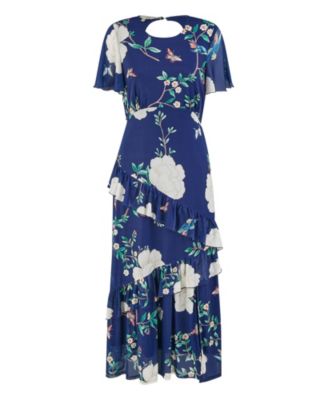 Women's Mesh Bird And Floral Print Midi Dress