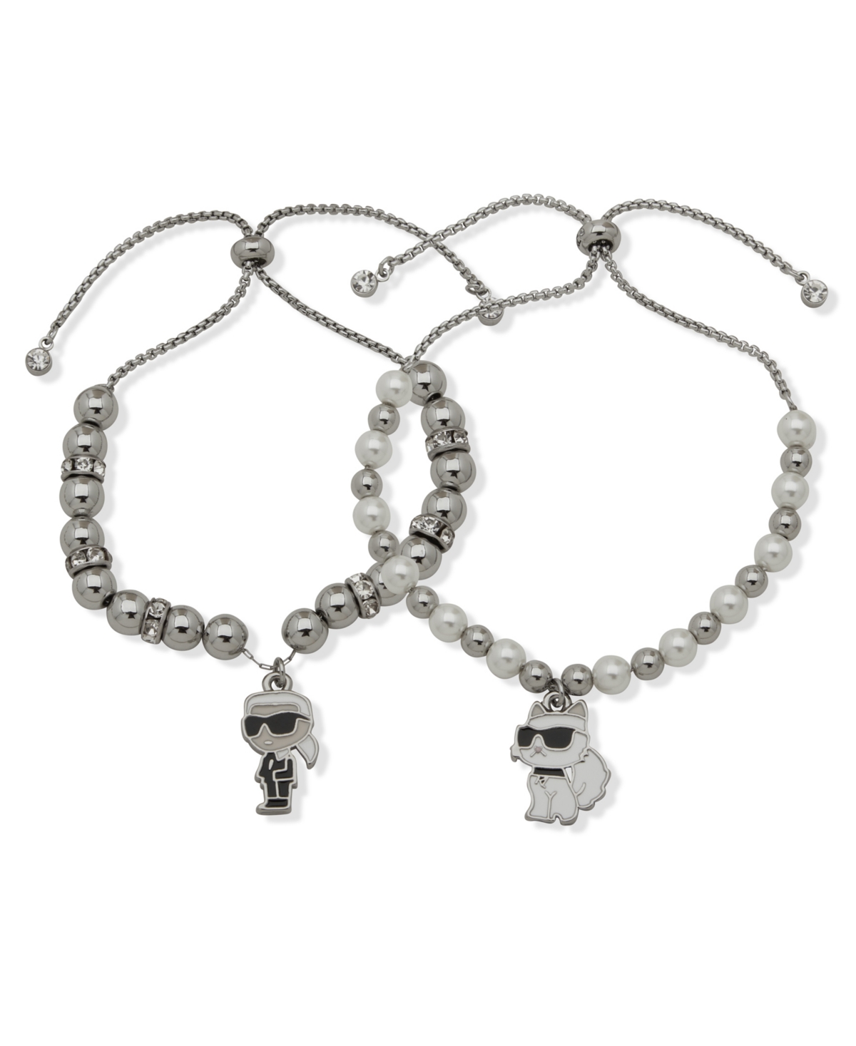 Karl Lagerfeld 2-pc. Glass Pearl Silver-tone Slider Bracelet Set In Metallic