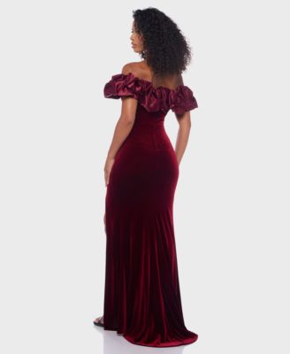 Juniors' Velvet Ruffled Off-The-Shoulder Gown