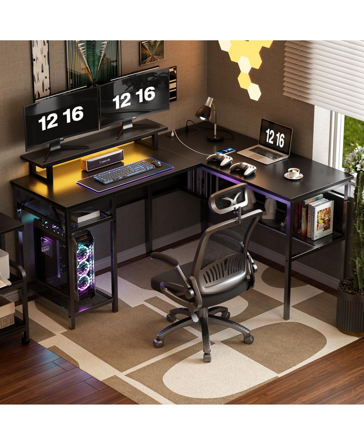 55.5'' Reversible L-shaped Desk with Power Outlets and Rgb Led Lights, Computer Table with Cpu Stand and Monitor Stand