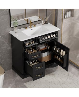 36" Bathroom Vanity with Ceramic Sink, 4 Drawers and 1 Soft-Close Door, Freestanding