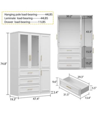 Glass Door Armoire with 3-Drawers , Bedroom Closet with Hanging Rods, Shelves ,Wardrobe