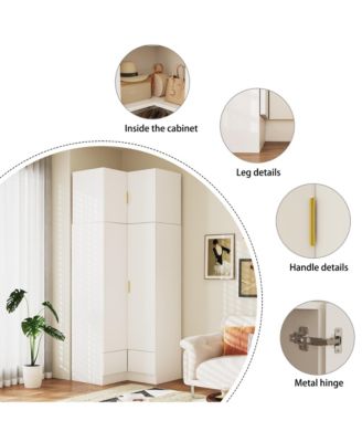 Bedroom Corner Armoire with Top Cabinet, Wardrobe with 2-Drawers and 2-Hold Bar