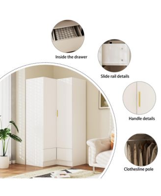 1Pc Wood 2-Drawer & 2-Hold Bar, L-Shaped Corner Wardrobe Armoire