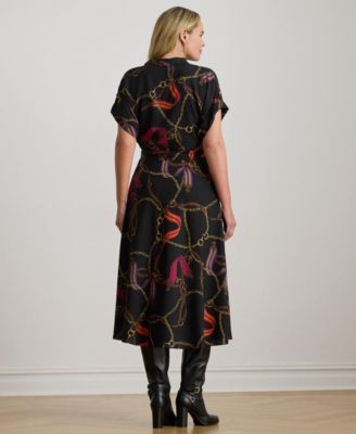 Plus Size Belting-Print Belted Crepe Dress