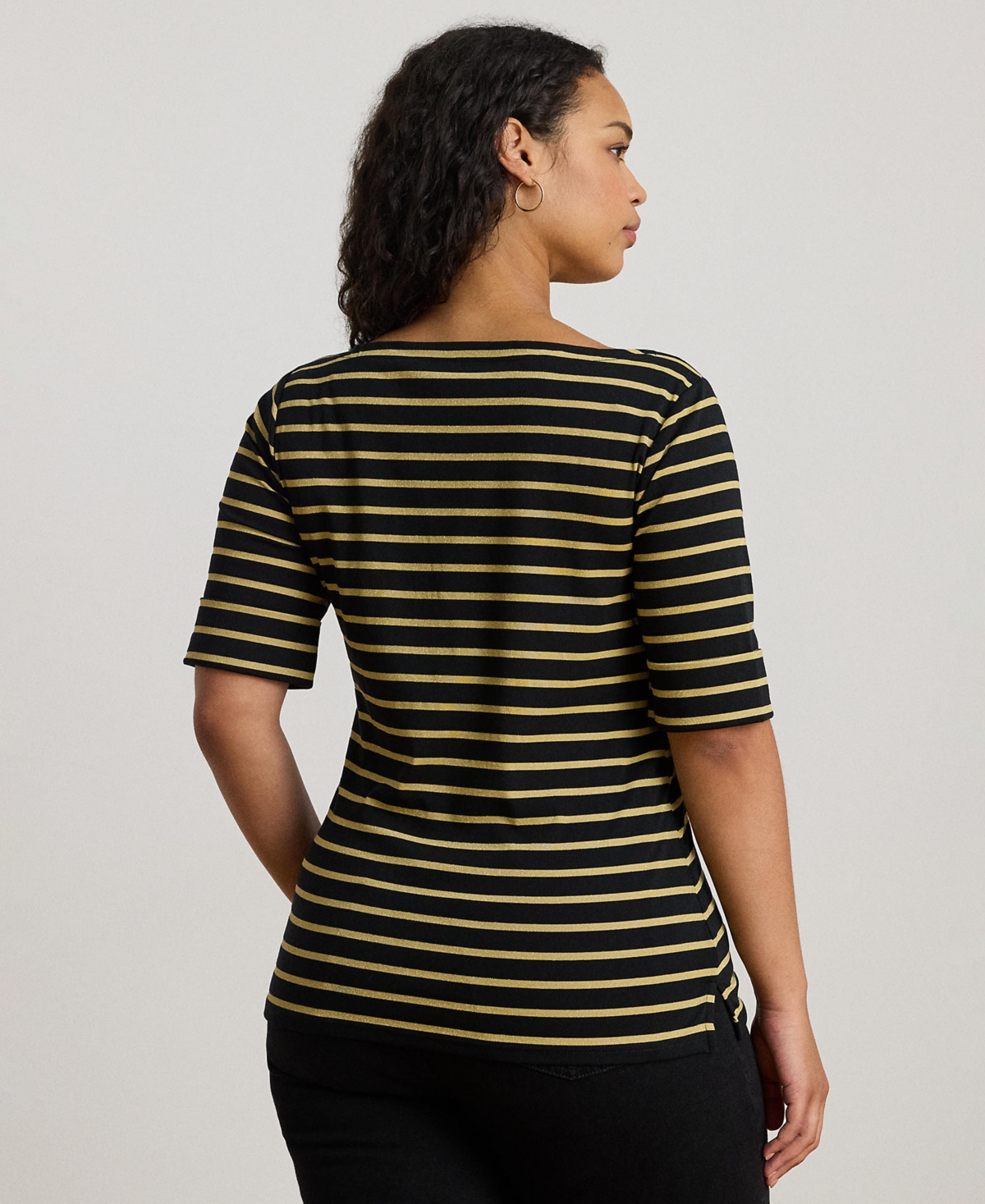 Ralph Lauren Plus Size Metallic Striped Boat Neck T-shirt In Black