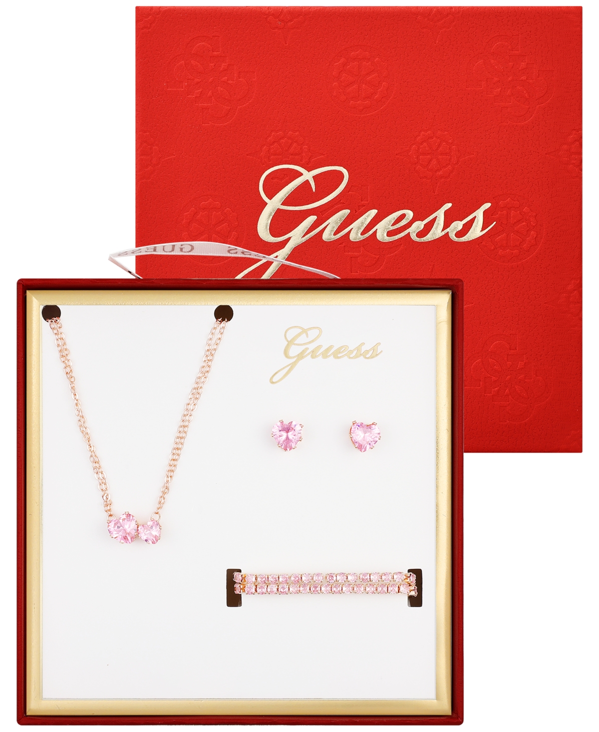 Guess 3-pc. Cubic Zirconia Gold-tone Heart Necklace, Stud Earrings, And Bracelet Gift Set In Gold