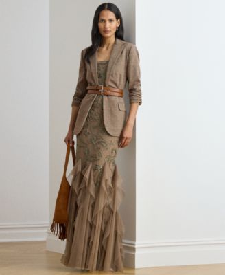 Women's Ruffle-Trim Paisley-Beaded Gown