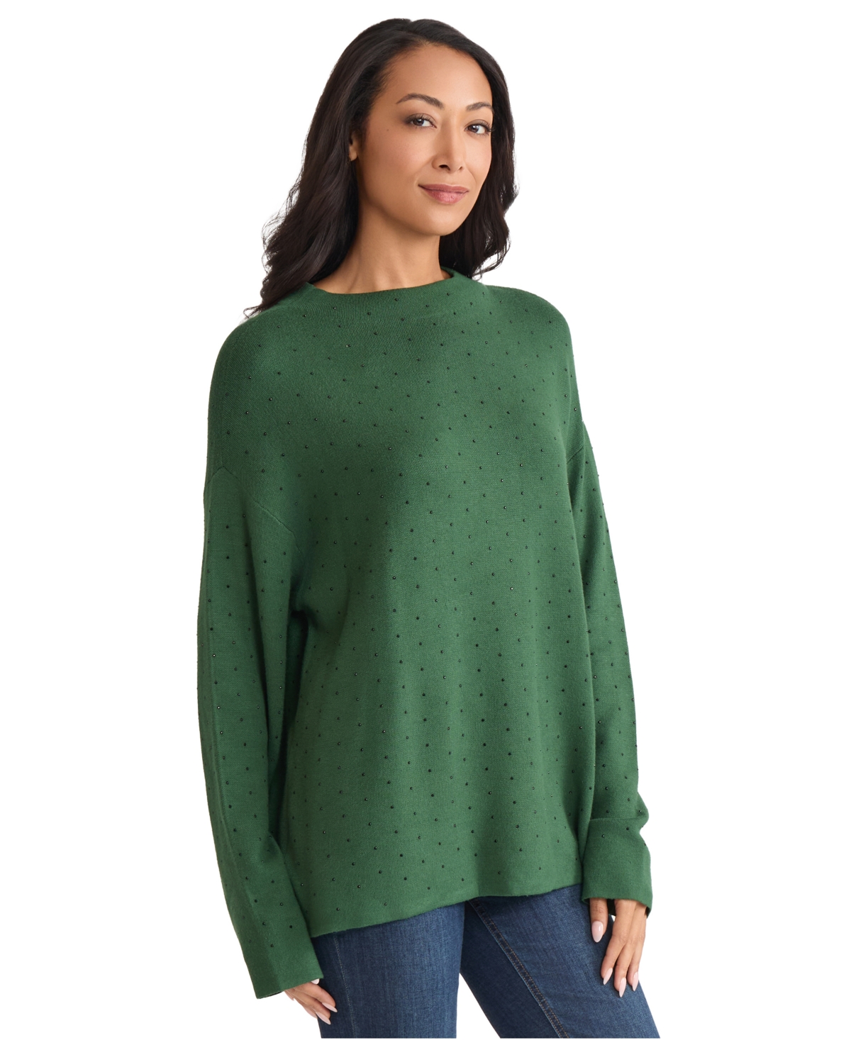 Jones New York Rhinestone Mock Neck Sweater In Green