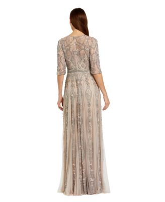 Women's Beige 3/4 Sleeve Embellished A-line Gown