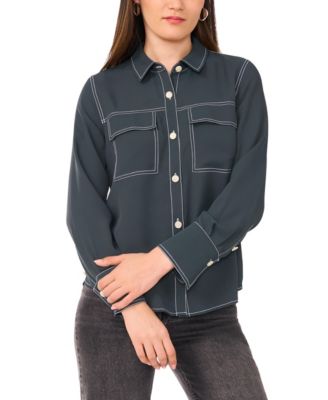 Vince Camuto - Women's Contrast-Stitch Button-Front Collared Blouse