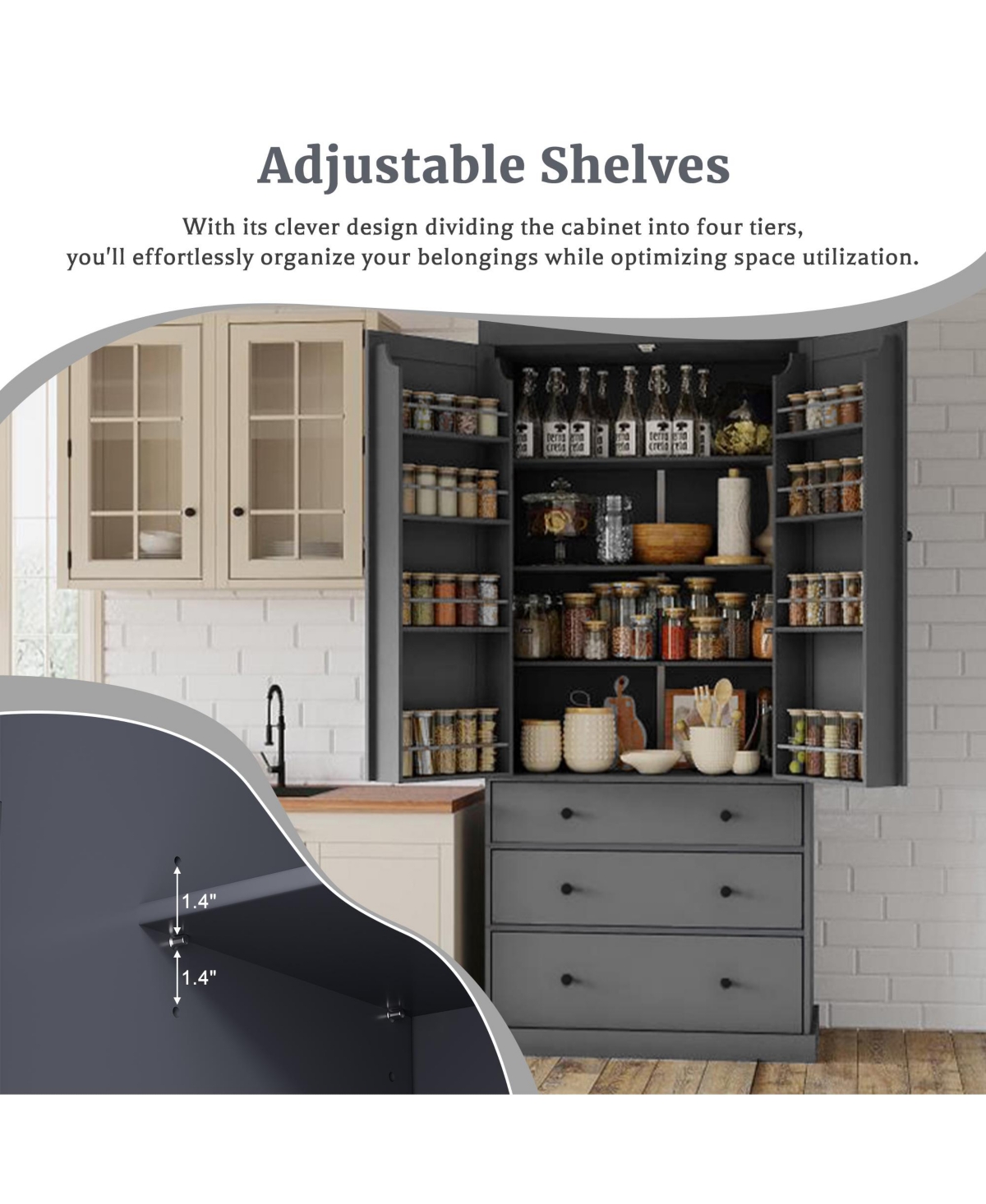 77inch Freestanding Tall Cupboard Storage Cabinet with 3 Adjustable Shelves 8 Door and Drawers