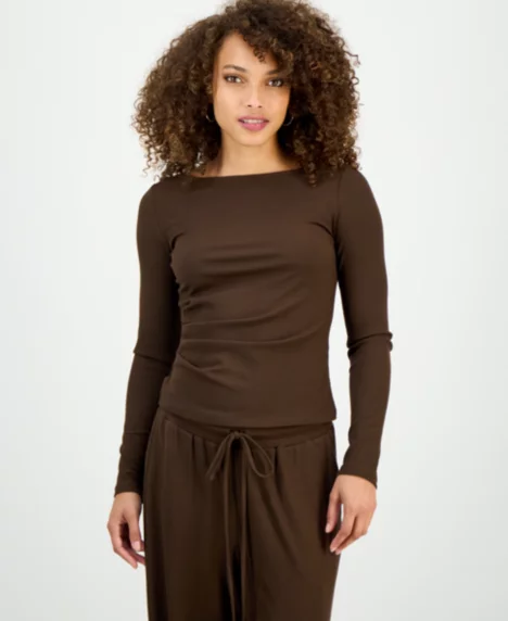 Petite Rib-Knit Asymmetric Top - Coco Oak