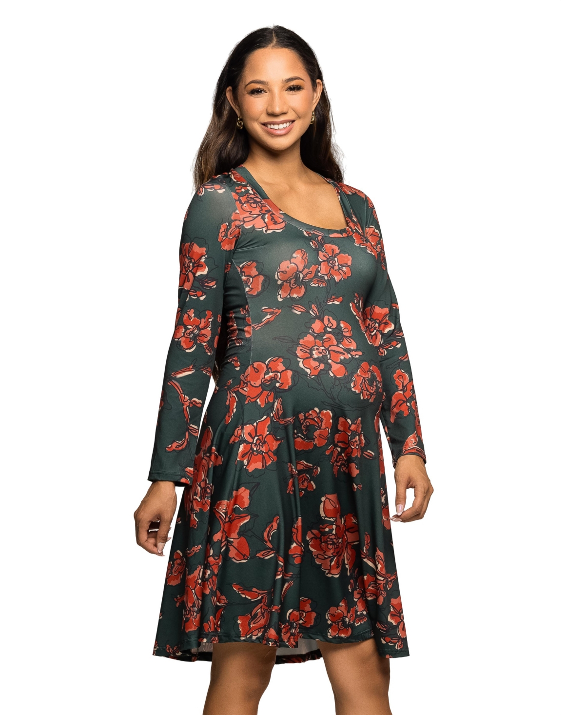 24seven Comfort Apparel Long Sleeve Fit And Flare Dress In Multi