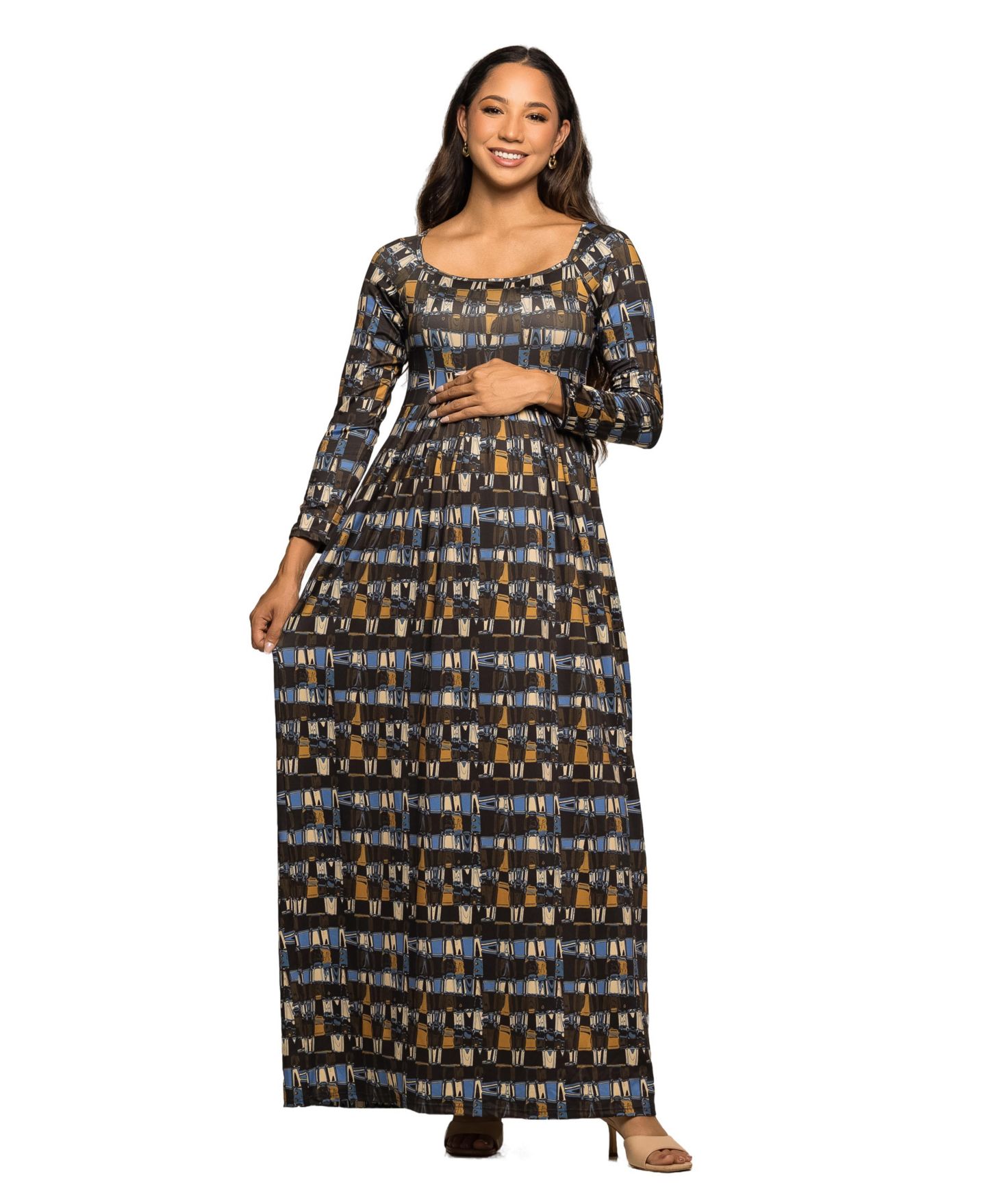 Женское платье 24seven Comfort Apparel Maternity Long Sleeve Empire Waist Maxi, цвет: Коричневый разноцветный — фото 1