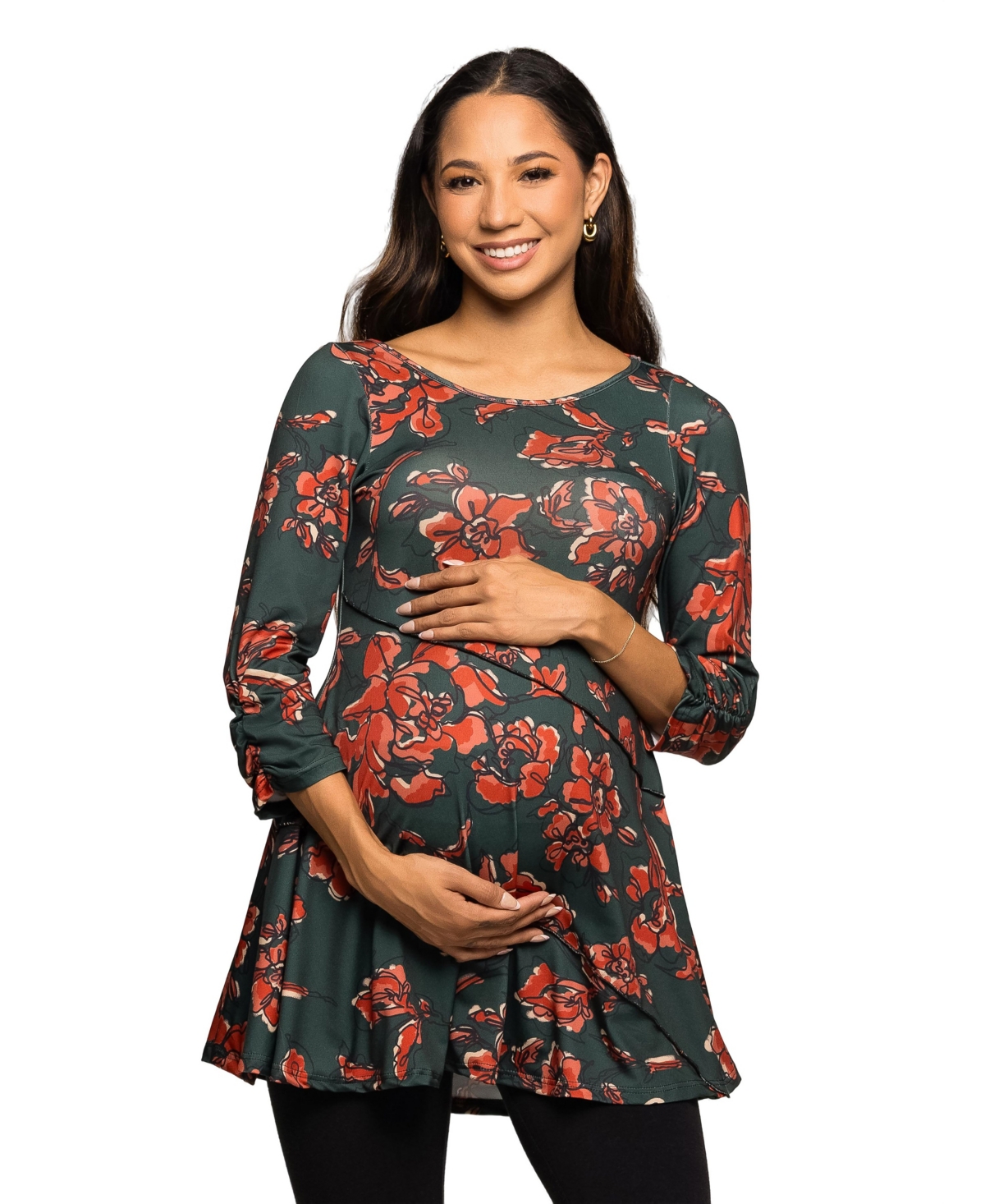 24seven Comfort Apparel Floral Print Three Quarter Sleeve Tunic Top In Blue