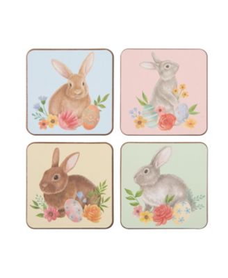 4" Multi-Color Easter Floral Cute Bunny Rabbit Drink Sitter Coasters Set of 4