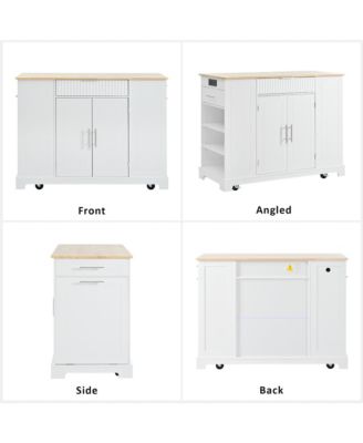 Fluted Kitchen Island with Trash Can Cabinet, Power Outlet, 3 Drawers, Open Racks, Fits 10 Gallon Bin, Wheels