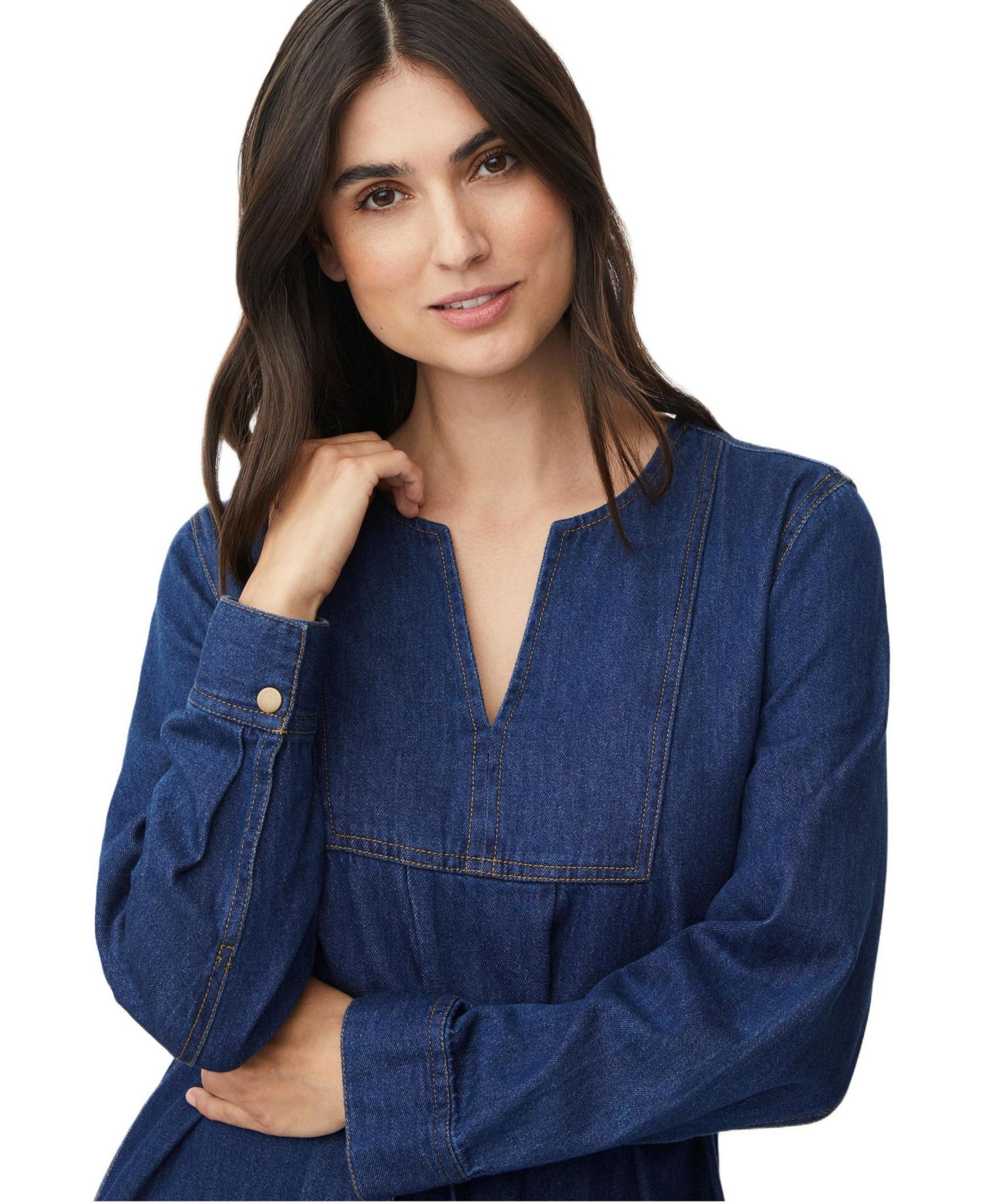 Women's Long Sleeve V-Neck Denim Midi Dress