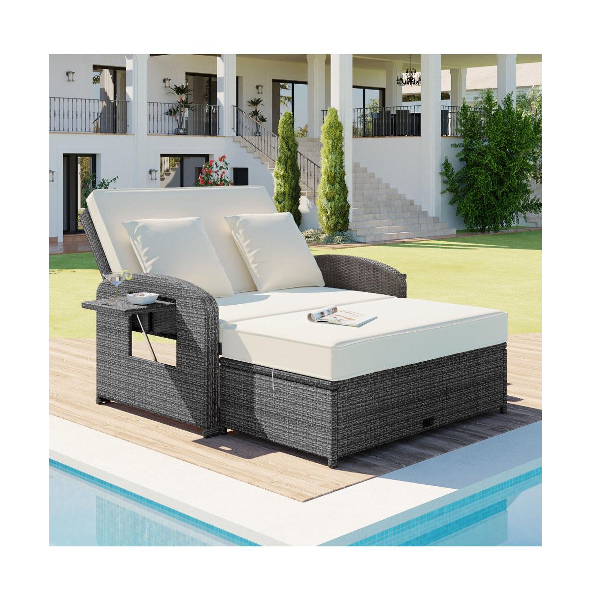 Chic Crate Double Reclining Rattan Chaise Lounge - Gray