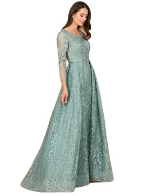 Women's Long Sleeve Gown with Overskirt & Illusion Neckline
