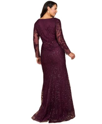 Women's Long Sleeve Gown with Overskirt & Illusion Neckline