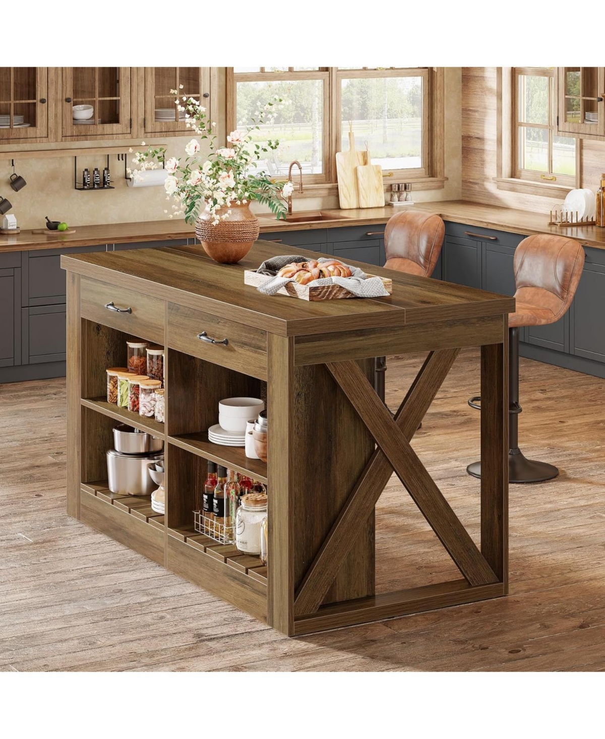 Tribesigns Kitchen Island with Storage and Seating, 55" Farmhouse Stationary Island Table