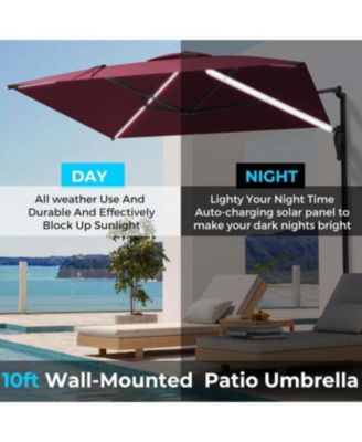 10FT Large Patio Umbrella with Solar Lights, Rectangle Wall Mounted Outdoor Patio Umbrella