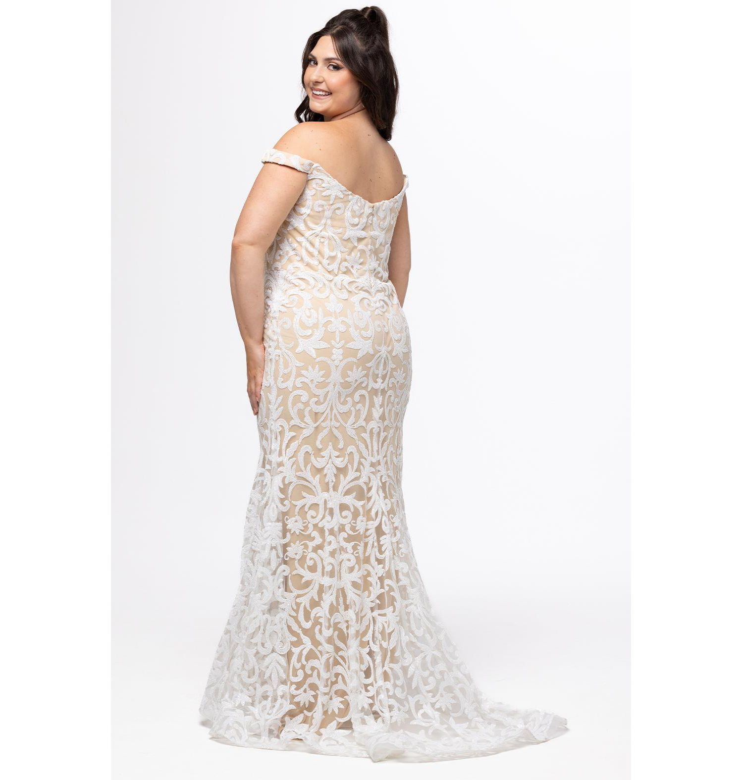 Ivory & Nude Plus Size Off-the-Shoulder Sequin Mermaid Dress