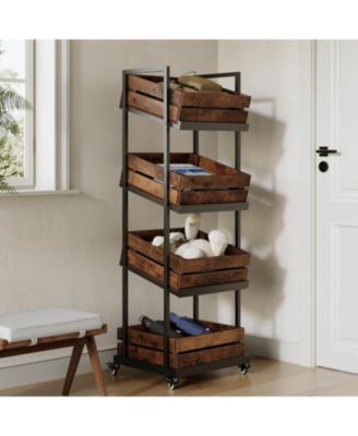 4-Tier Wooden Kitchen Cart with Wheels, Mobile Fruit and Vegetable Storage, Utility Shelf