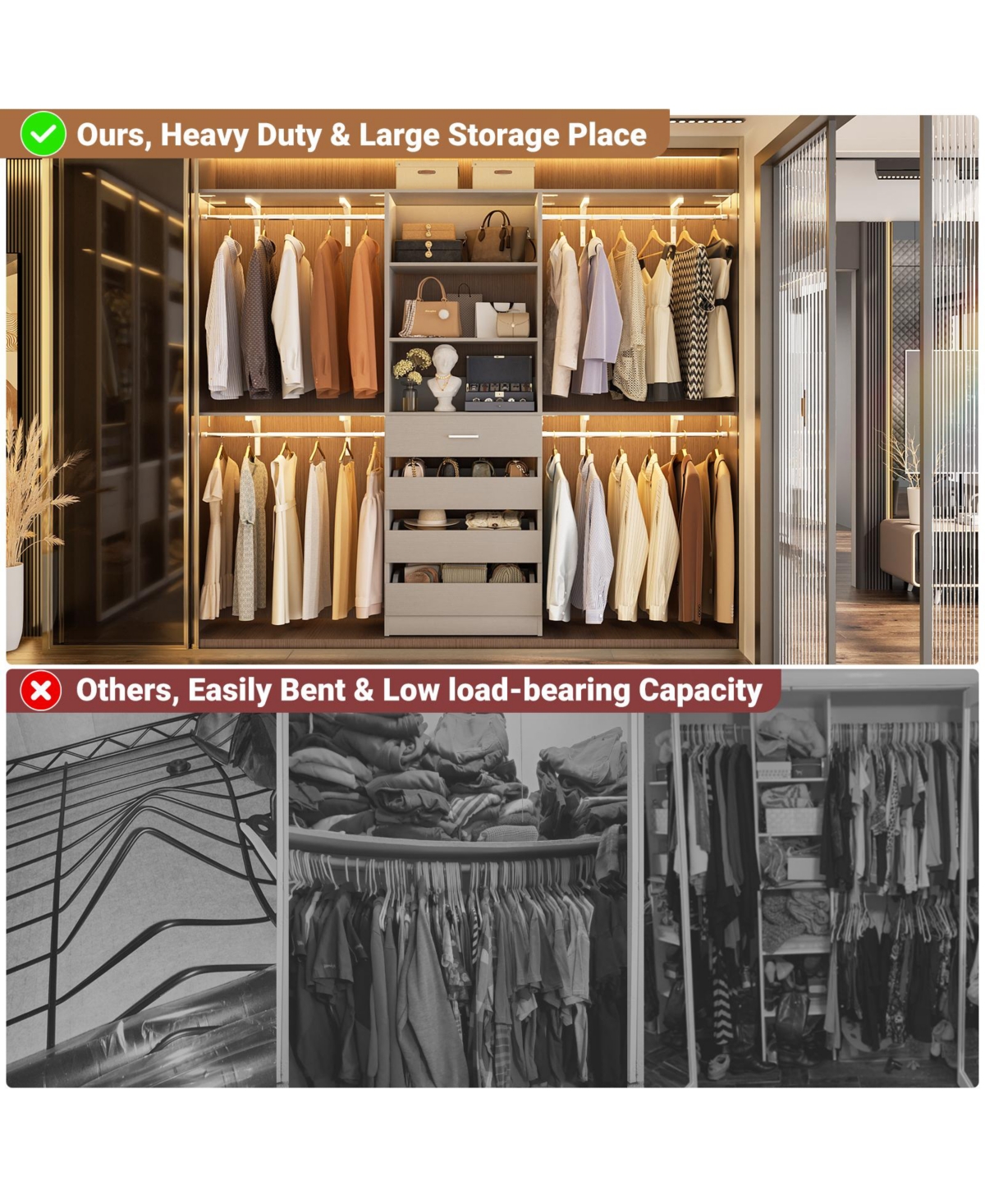 Aheaplus 96 inches Closet Organizer System with 4 Reversible Shelves and 4 Wood Drawers, Wardrobe Clothes Rack with 4 Hanging Rods