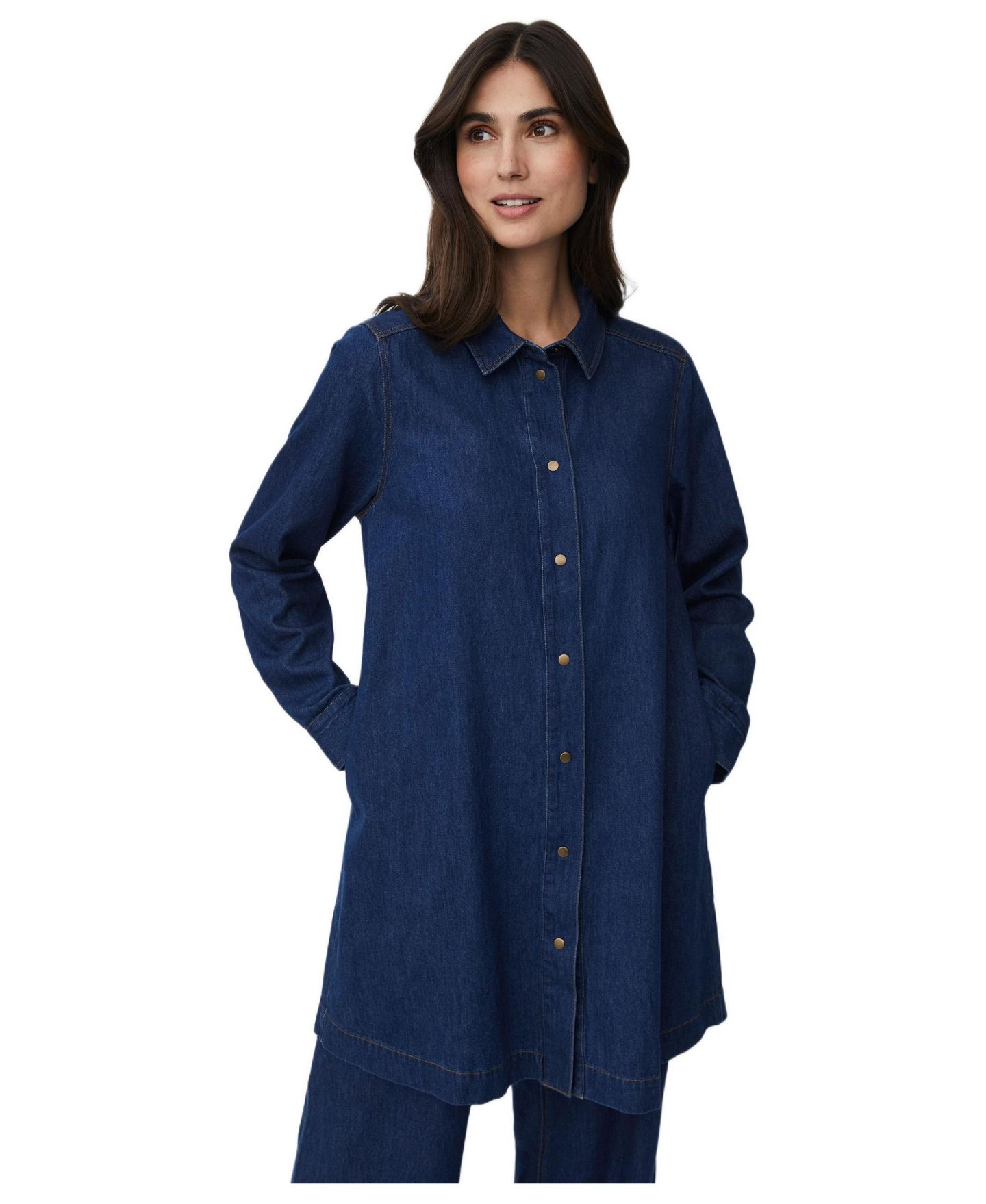 Женская рубашка Masai Copenhagen Denim Long Sleeve Collared Long, цвет: Тёмный джинсовый — фото 1