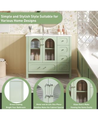 36-Inch Bathroom Cabinet with Waffle Texture Doors, Four Drawers, Two Soft-Close Doors & Glass Storage