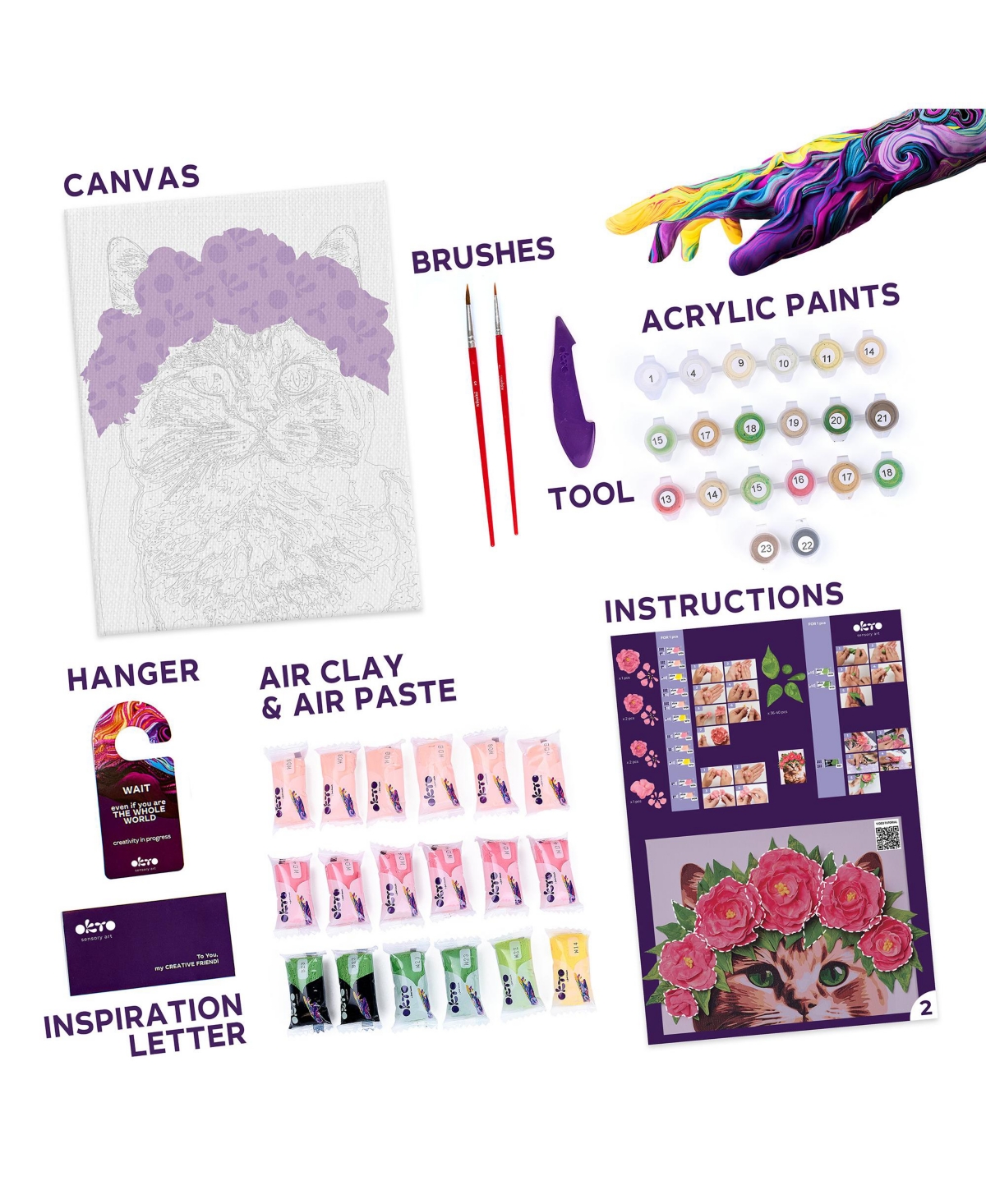 Wise Elk Okto Air-Dry Clay 3D Painting Kit – Kit a Cat in a Flower Crown (11.8 x 15.7 in)