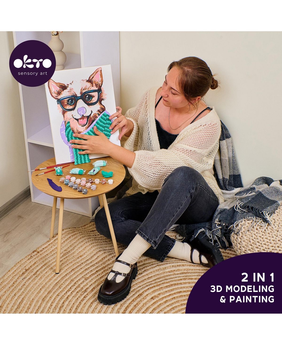 Wise Elk Okto Air-Dry Clay 3D Painting Kit – Kit Fashion Corgi (11.8 x 15.7 in)